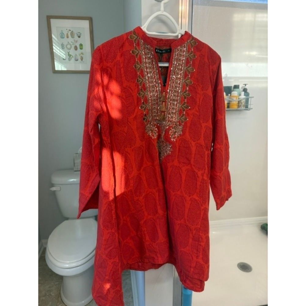 Khaadi Womens Size 12 Red Embroidered Sequin Kurta Tunic Top NWT